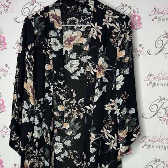 Tahari Floral Black Kimono Robe cardigan flowy luxe long comfy - Picture 3 of 6